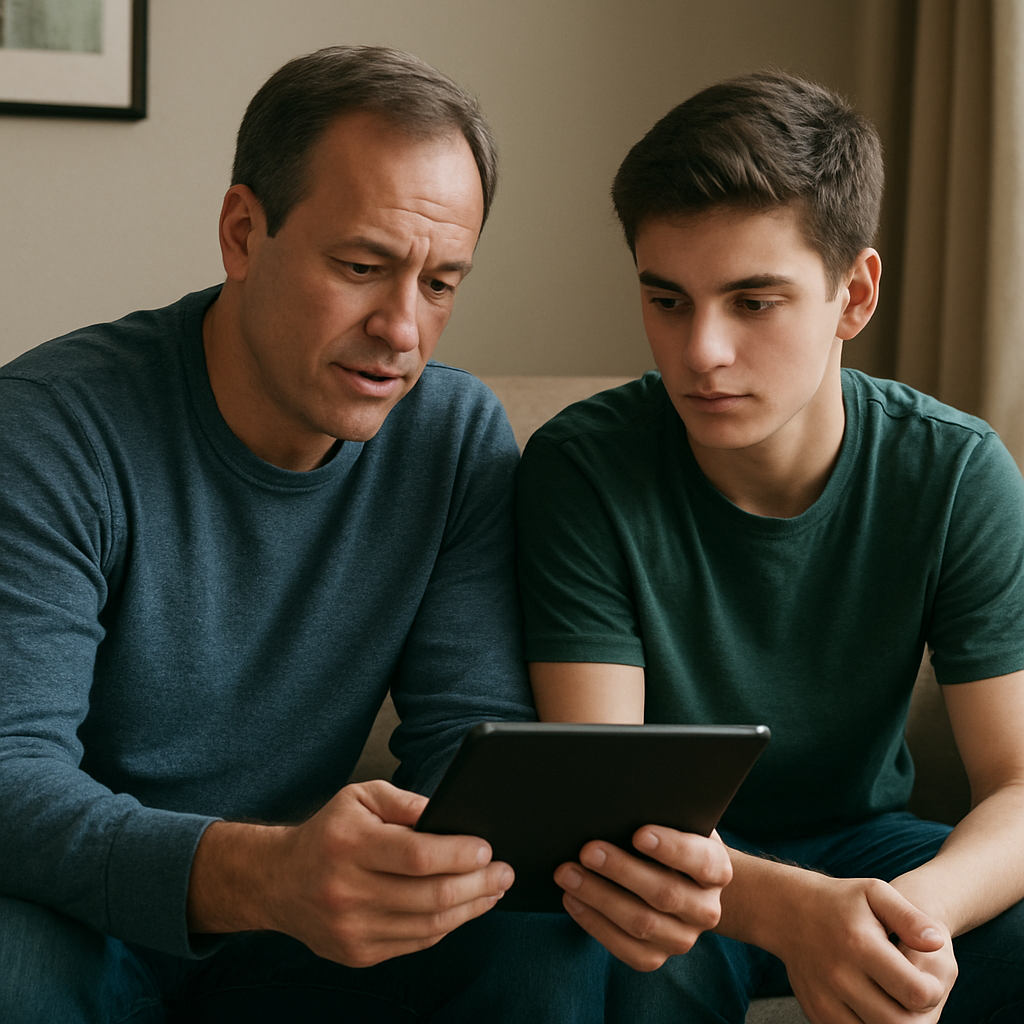 A realistic depiction of a parent and teenager sitting on a couch, both looking at a tablet together, with a calm, supportive atmosphere. Alt: Parent and teen discussing phone usage.