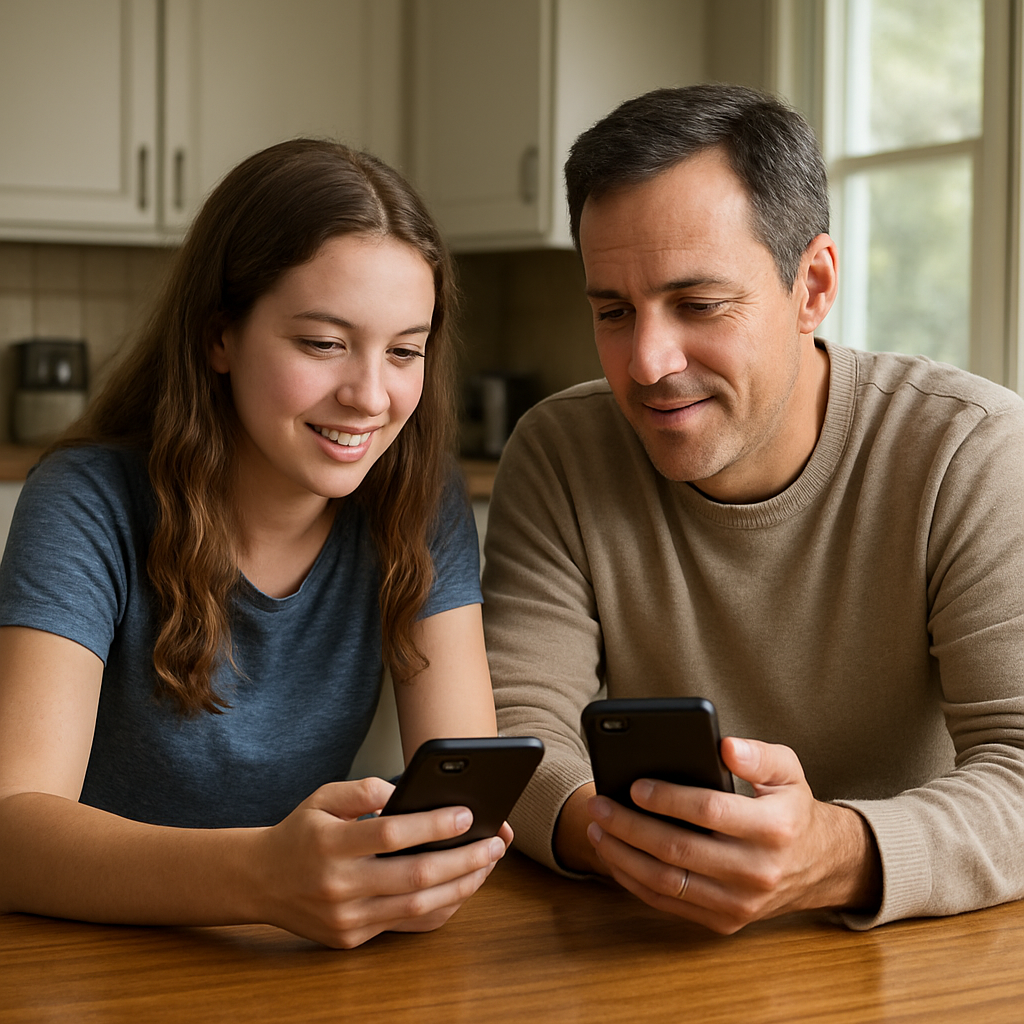A realistic illustration of a parent and teen sitting at a kitchen table, each with a smartphone in hand, looking at the phone’s screen together in a relaxed, candid moment. Alt: Parent and teen discussing phone use together