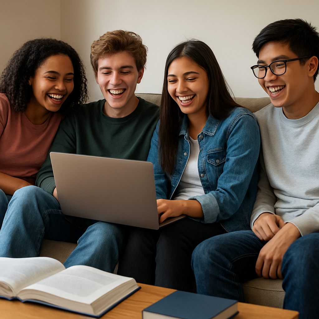 A photorealistic scene of a diverse group of high school students lounging on a cozy living room sofa, laughing and working on a laptop together, with textbooks pushed aside. Alt: Students enjoying homework‑free evening, real‑life learning and wellbeing.