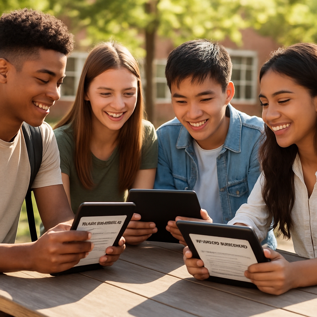 A photorealistic scene of a diverse group of high‑school students sitting around a table outdoors, reviewing a brief 10‑minute assignment on tablets while smiling, sunlight casting soft shadows, Alt: Data‑driven comparison of homework load and student stress