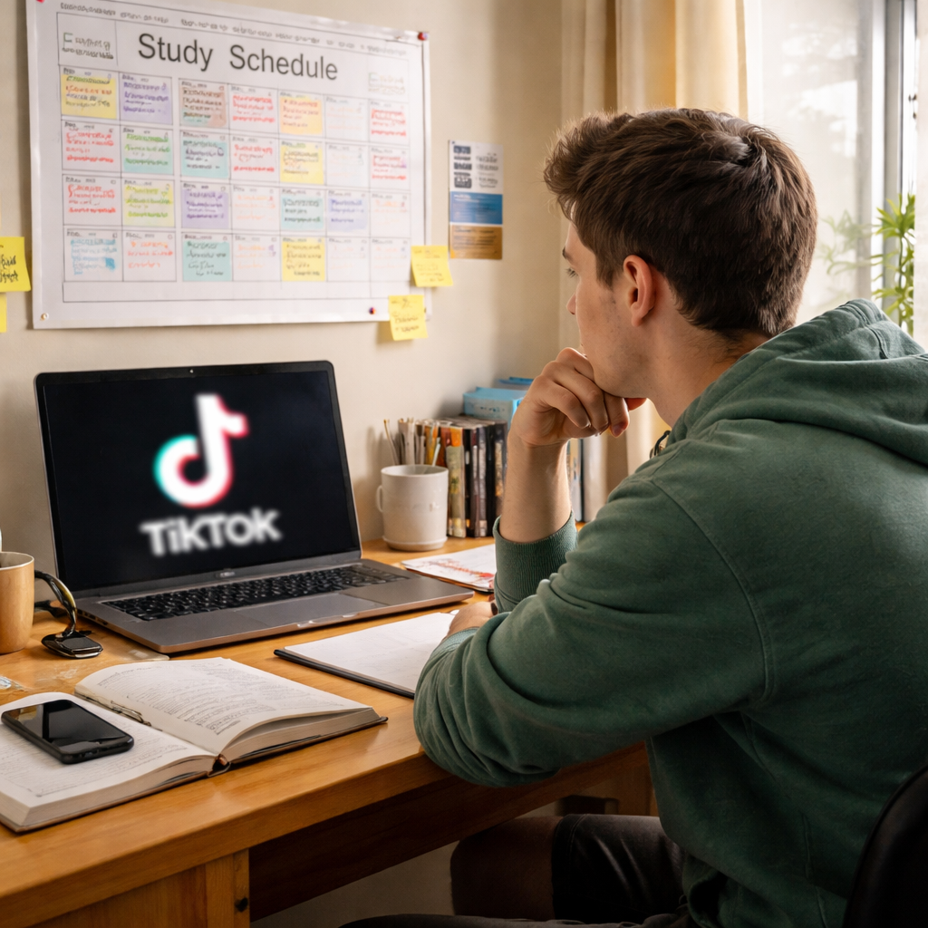 A photorealistic scene of a college student sitting at a desk, looking at a laptop with a TikTok logo blurred on the screen, while a calendar on the wall shows a study schedule. The room is bright, realistic, and reflects a typical campus dorm setting. Alt: Should TikTok be barned? student weighing pros and cons in a realistic study space.