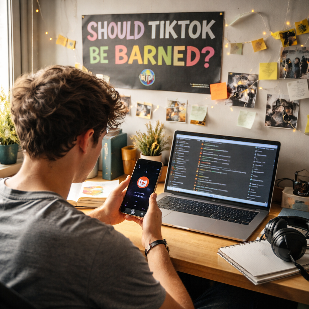 A photorealistic scene of a college student sitting at a dorm desk, phone showing a TikTok lock screen, a laptop open to a Discord channel, and a wall poster that reads 