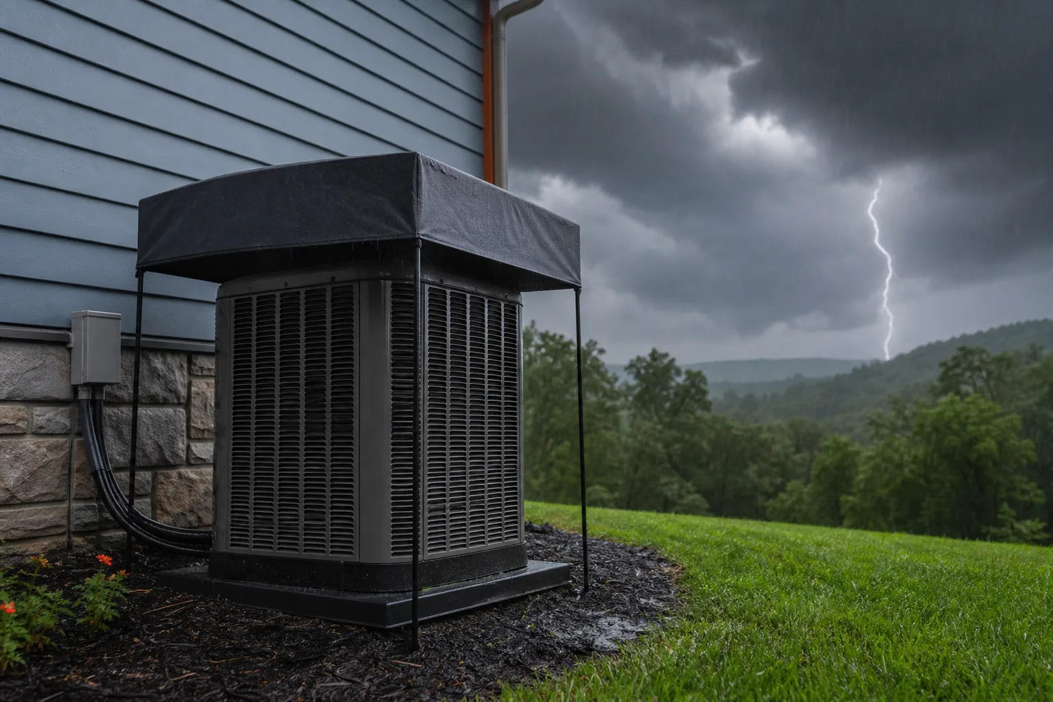 outdoor AC unit with breathable top cover during East Tennessee storm season.