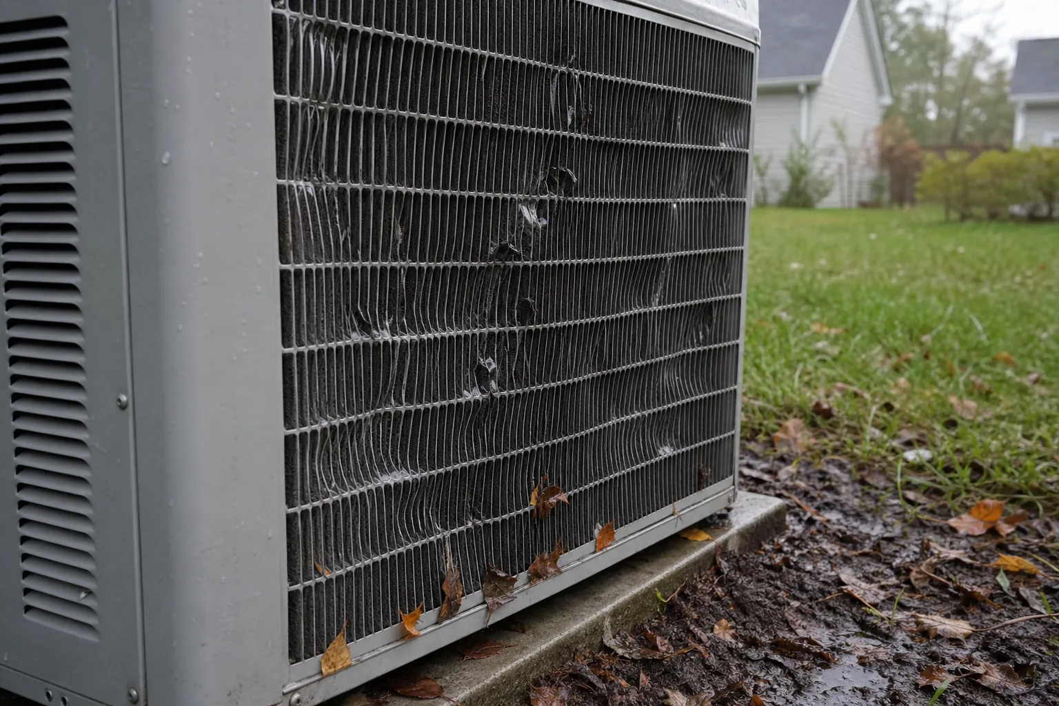 hail damage and storm debris on outdoor cooling equipment.
