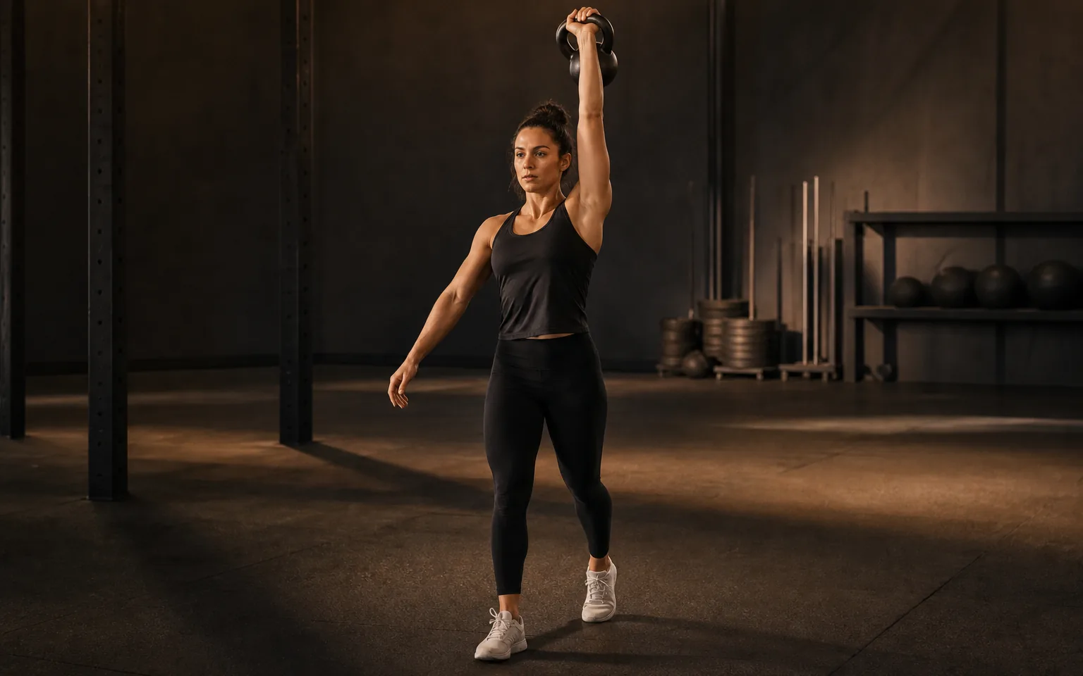 Woman walking with one kettlebell held overhead.