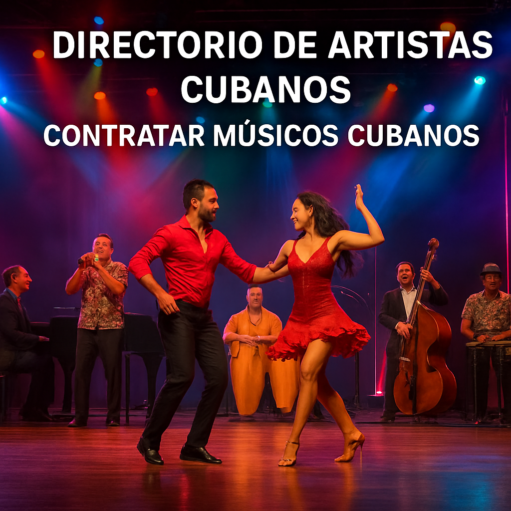 A vibrant stage setup for a salsa show with colorful lights, a live band, and dancers on a polished floor. Alt: show de salsa para eventos escenario iluminado con músicos y bailarines.