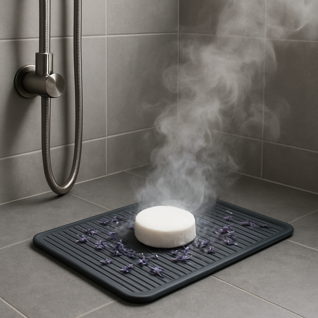 A sleek bathroom shower stall with a single white shower steamer fizzing on a silicone mat, steam curling around lavender buds. Alt: Shower steamers ingredients and benefits visual guide.