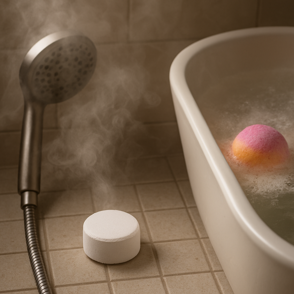 A cozy bathroom scene with a sleek shower steamer placed on a tiled floor beside a modern showerhead, steam swirling around, and a separate tub with a colorful bath bomb fizzing, showing both products side by side. Alt: Choosing the right product for your bath routine – shower steamer vs bath bomb.