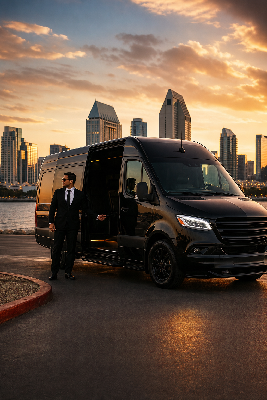 Cinematic shot of a sleek black Mercedes Sprinter van parked in front of the San Diego skyline at golden hour, with a professional chauffeur holding the door open. Alt: Luxury shuttle van service in San Diego by XM Ride.