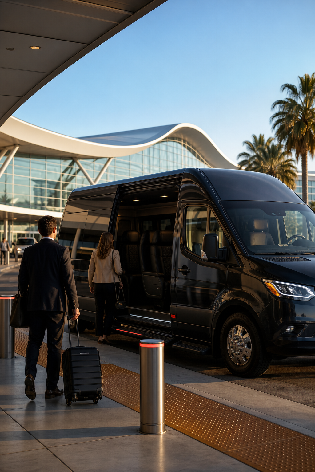 Cinematic shot of a shuttle van pulling up to the curb at San Diego International Airport terminal with passengers boarding, clear sky. Alt: Airport shuttle van service at San Diego International Airport.