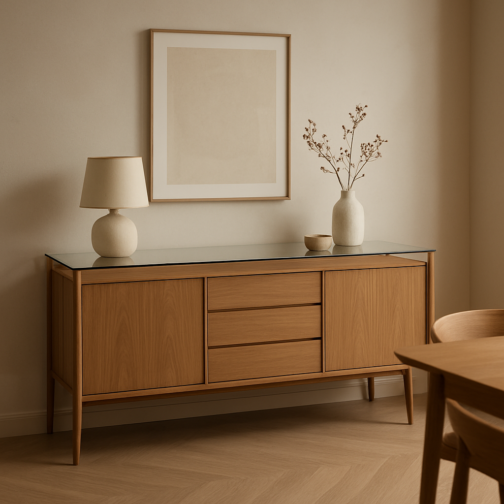 A sleek Scandinavian sideboard with a clear glass top, placed on a neutral-toned dining room wall. Alt: Scandinavian sideboard in a modern dining room.
