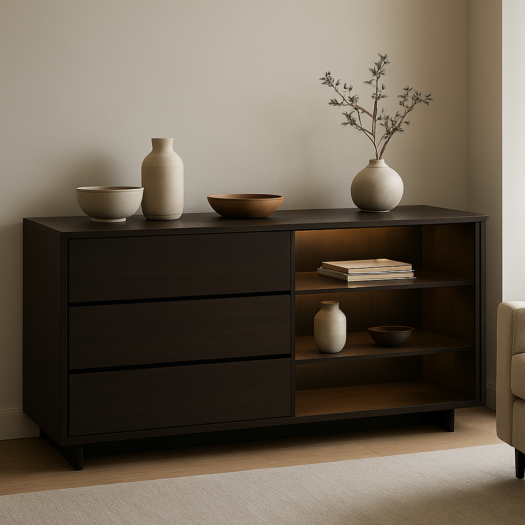 A modern sideboard with deep drawers, adjustable shelving, and subtle LED lighting, positioned on a neutral wall in a bright living room. Alt: Functional sideboard with storage features.