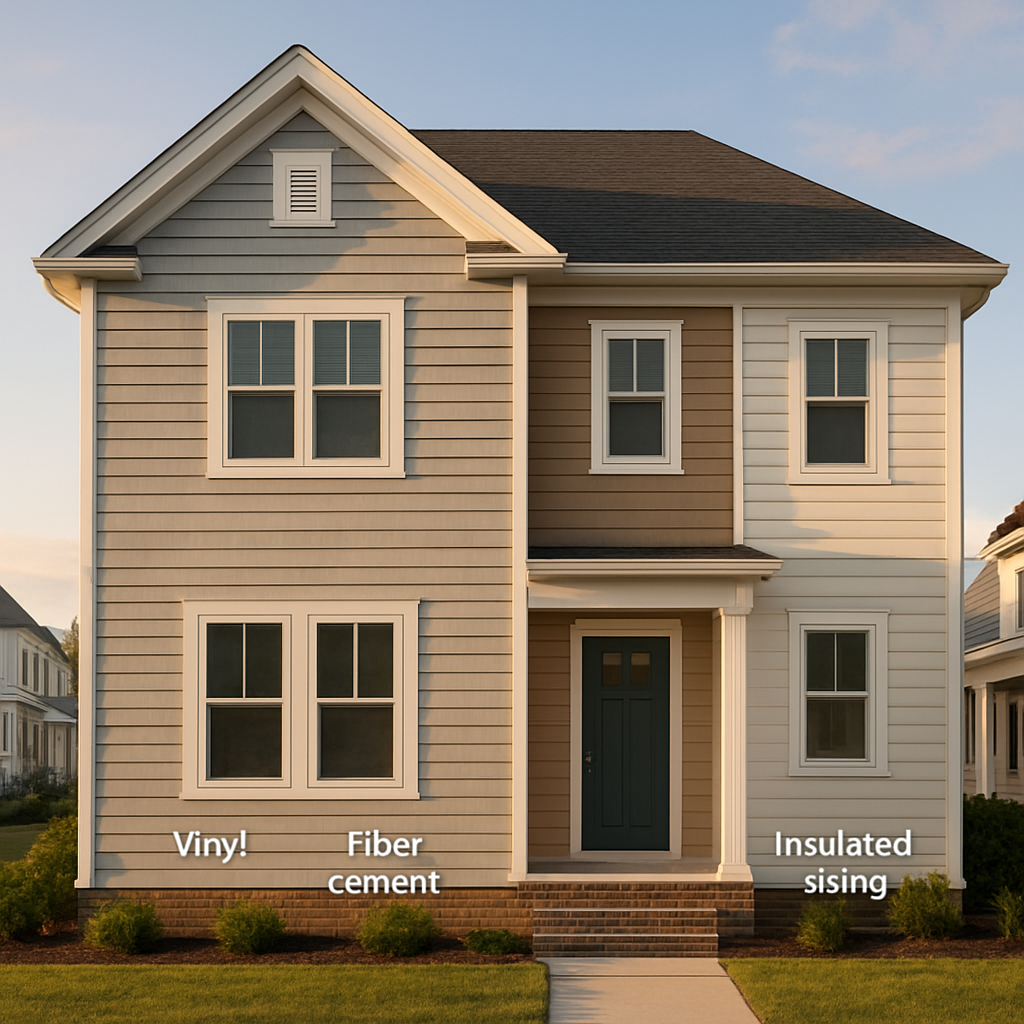 A photorealistic, side-by-side display of vinyl, fiber cement, wood, and insulated siding on a modern home, warm afternoon light in a coastal Virginia neighborhood, Realism, LGFMH Construction audience. Alt: siding materials comparison on a house showing four main options.
