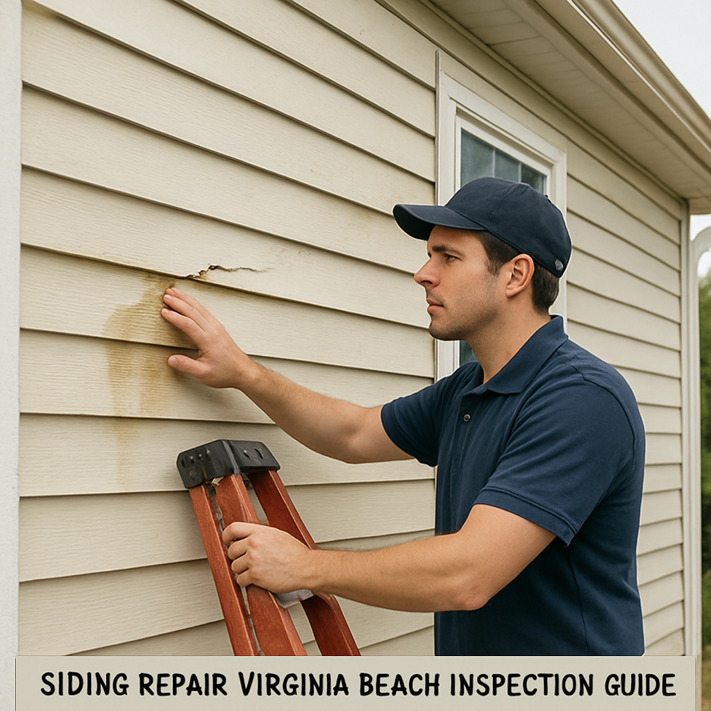 A homeowner inspecting a Virginia Beach house siding with a ladder, focusing on a cracked panel and water stain. Alt: siding repair Virginia Beach inspection guide
