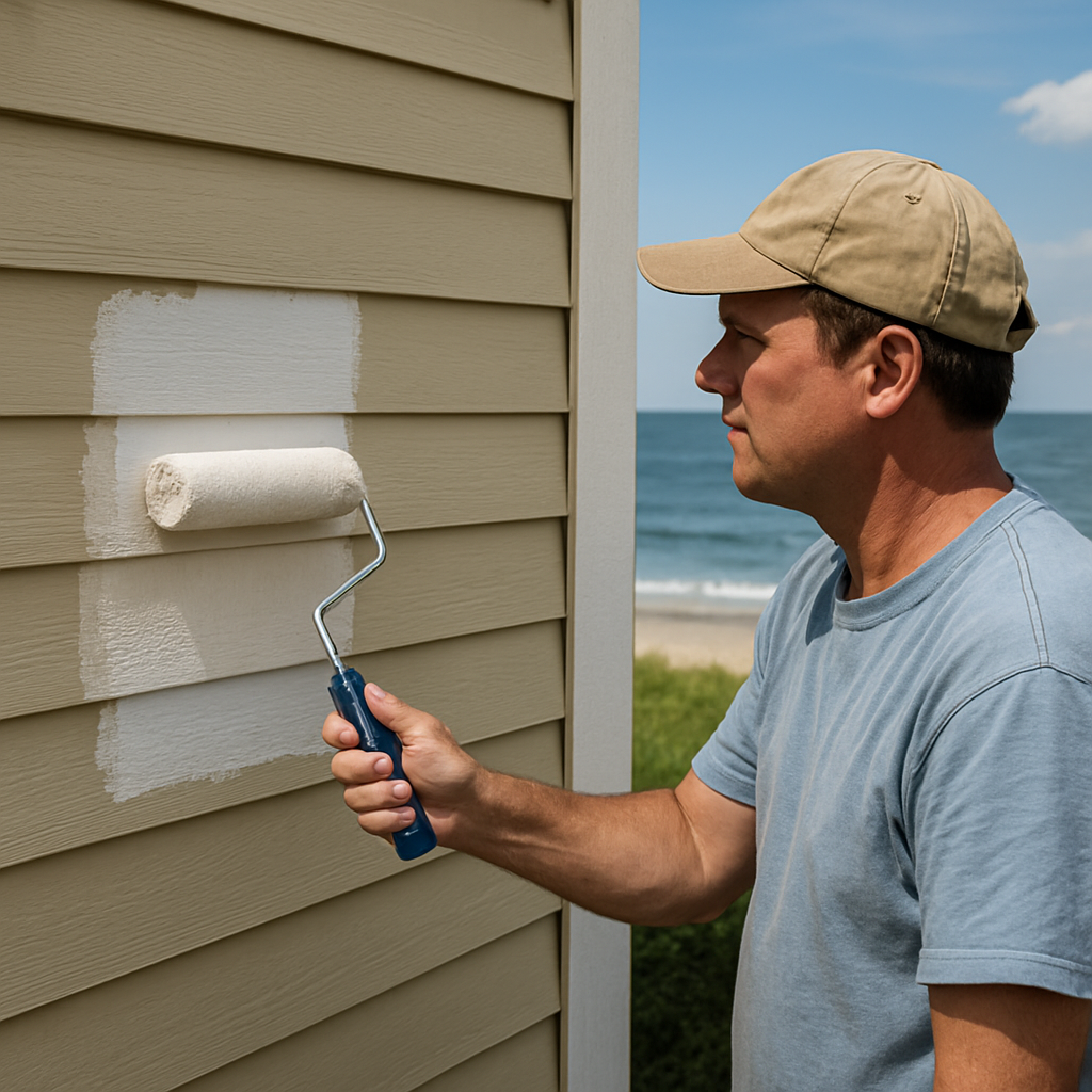 A homeowner using a paint roller on a freshly repaired siding section, with the ocean visible in the background. Alt: siding repair virginia beach painting finish
