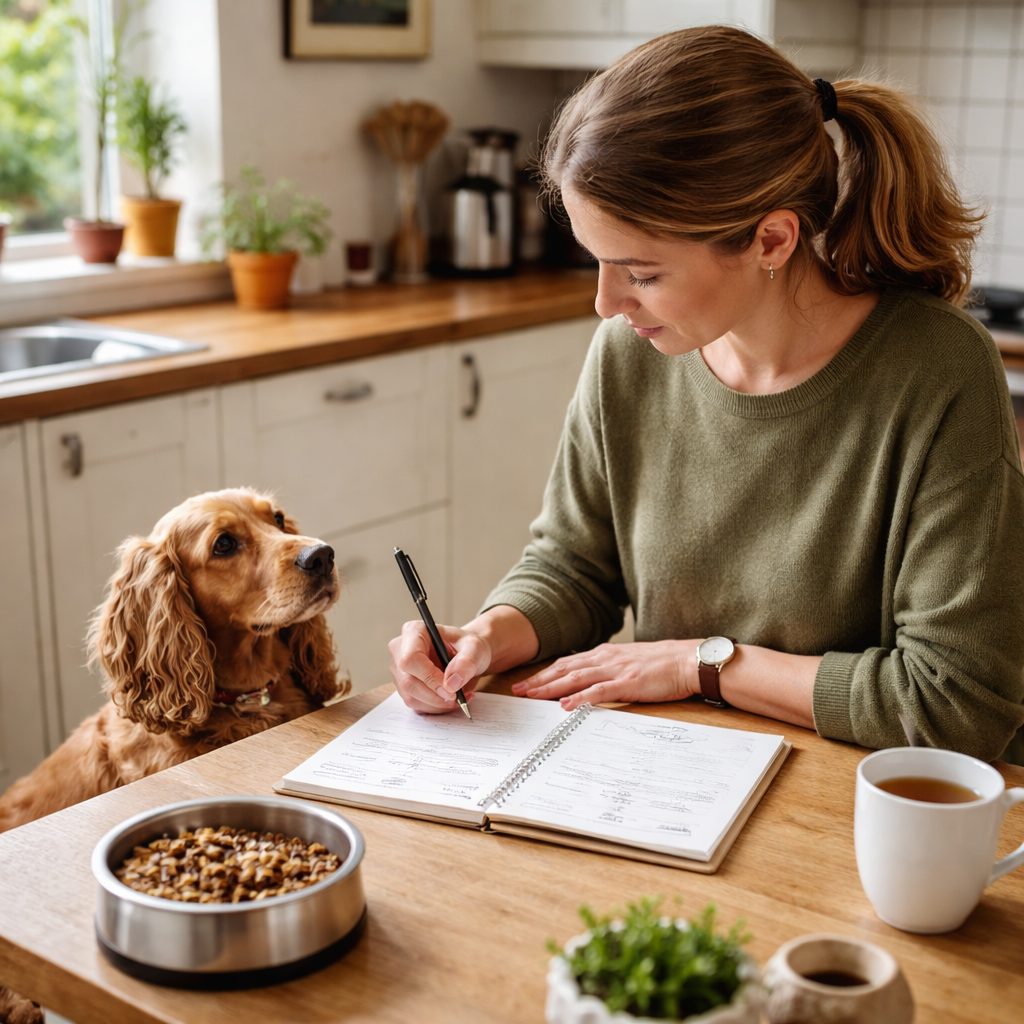 A photorealistic scene of a British dog owner sitting at a kitchen table with a notebook, recording observations of their dog's skin and behaviour after meals. Alt: Observing and recording signs of food intolerance in dogs UK.