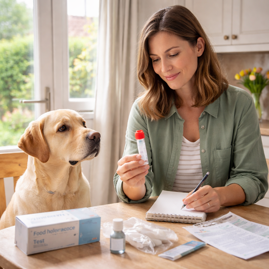 A photorealistic scene of a British dog owner sitting at a kitchen table, holding a notebook and a small stool sample tube, with a Labrador Retriever looking on. Soft natural light from a window. Alt: Dog owner preparing an at-home food intolerance test sample in the UK.