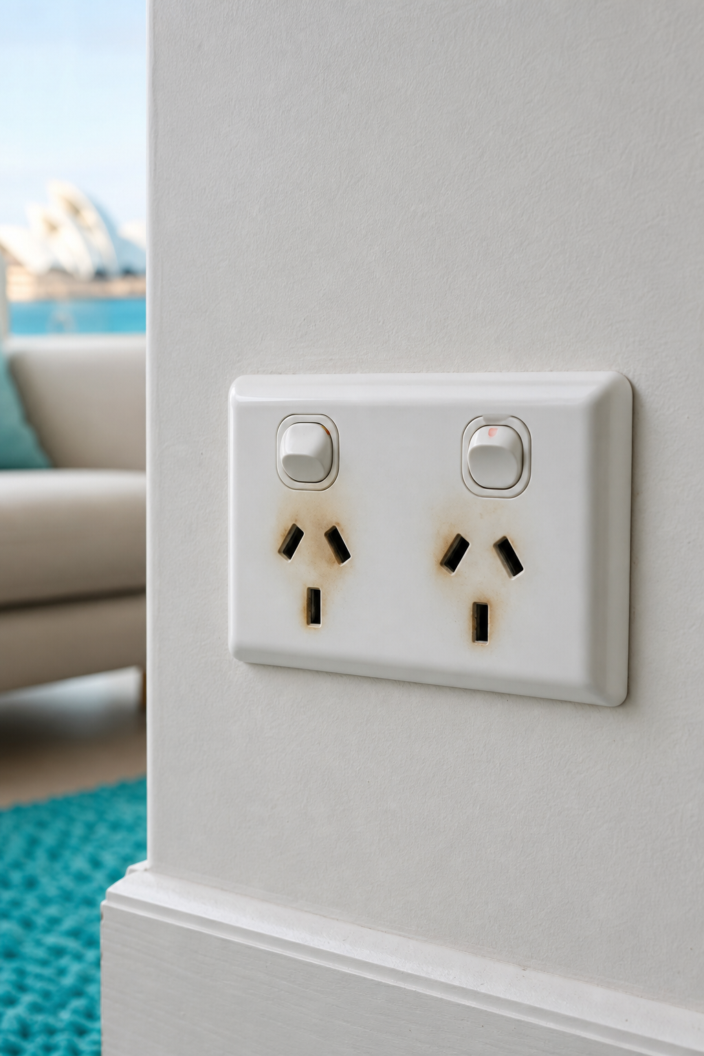 A photorealistic close-up of an Australian wall power point with faint brown scorch marks and slight discolouration around the socket holes, set against a painted interior wall. Alt: scorch marks at a power point as a sign you need to rewire your house