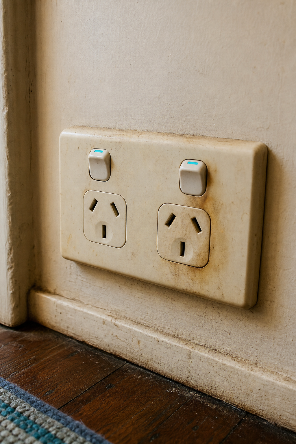 A photorealistic close-up of a slightly yellowed and discoloured Australian double power point on an interior wall, hinting at age and heat damage. Alt: warm discoloured outlet showing signs you need to rewire your house