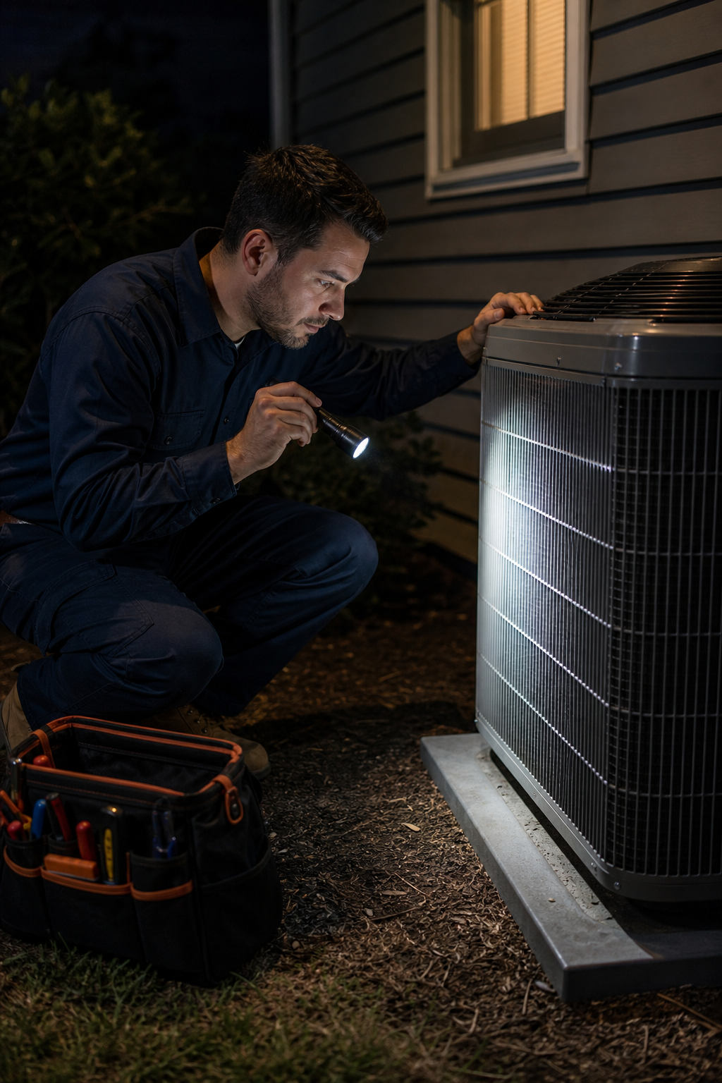 A photorealistic image of a HVAC technician in a uniform inspecting an air conditioner outdoor unit at night, with a flashlight illuminating the unit. Alt: Emergency AC repair technician inspecting outdoor unit.