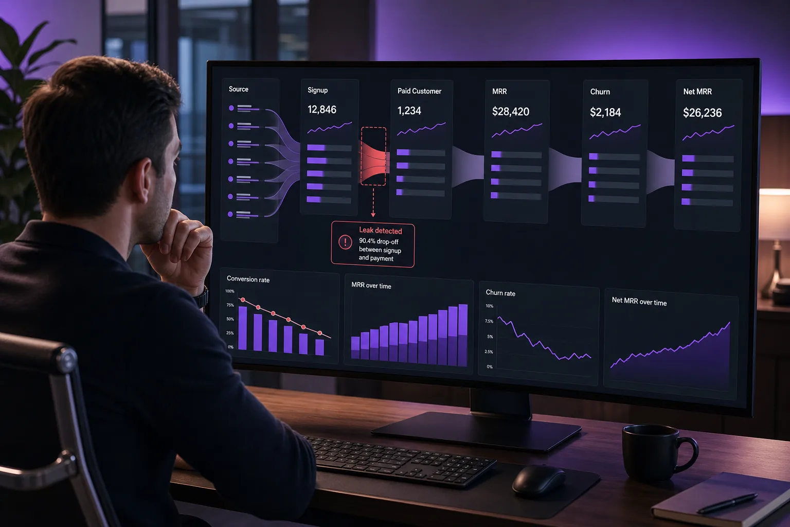revenue dashboard finding leaks between signups and MRR