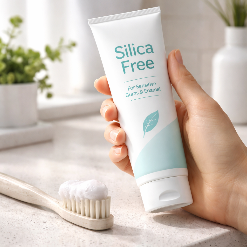 A photorealistic close‑up of a hand holding a sleek toothpaste tube labeled “Silica Free”, next to a toothbrush with foam, set on a clean bathroom vanity with natural light, emphasizing gentle oral care for adults worldwide. Alt: Silica free toothpaste for sensitive gums and enamel.