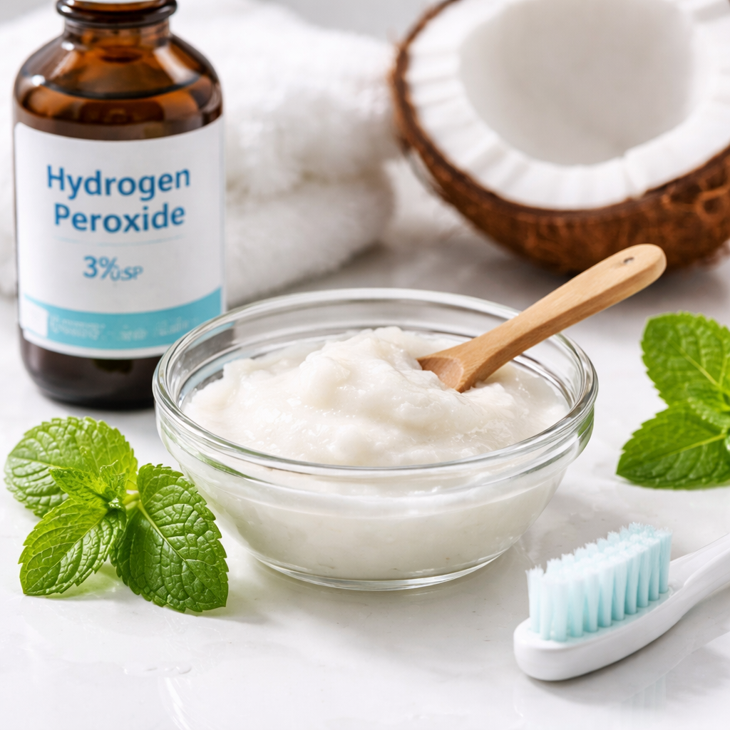 A photorealistic close-up of a small glass bowl containing a pale white paste made from melted coconut oil and baking soda, with a bottle of hydrogen peroxide, a few peppermint leaves, and a soft-bristled toothbrush on a bright bathroom counter. Alt: DIY silica free toothpaste ingredients arranged on a clean countertop.