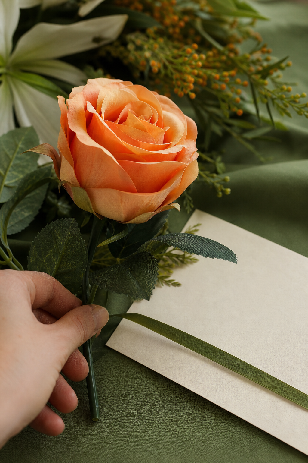 A photorealistic close-up of a hand holding a realistic silk rose against a soft green background, with a handwritten sympathy card nearby. Alt: Realistic silk funeral flower arrangement UK close-up.
