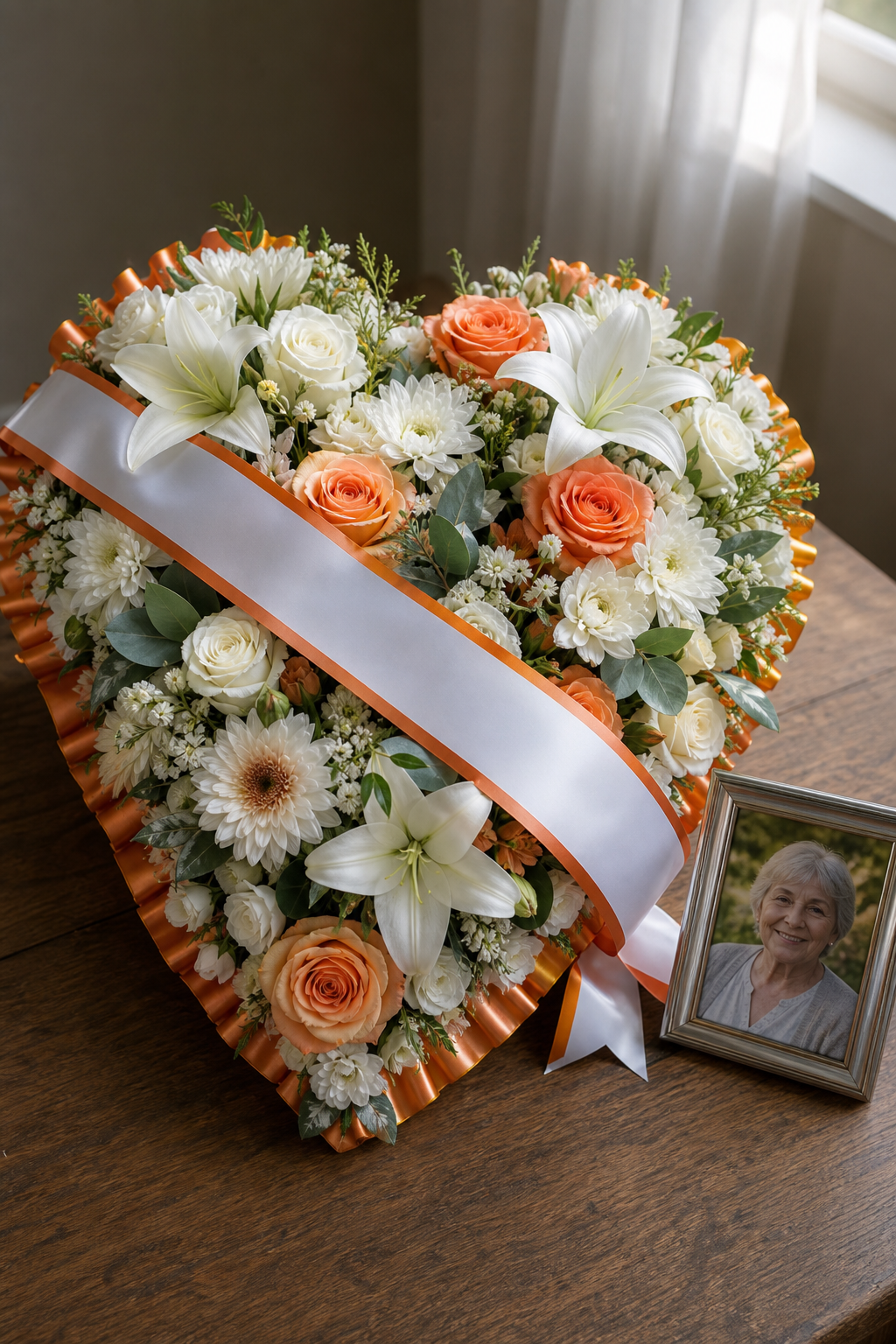 A photorealistic scene of a silk heart-shaped arrangement with a personalized ribbon sash and a small framed photo on a wooden table, soft window light. Alt: Personalised silk funeral heart tribute with photo and sash UK.