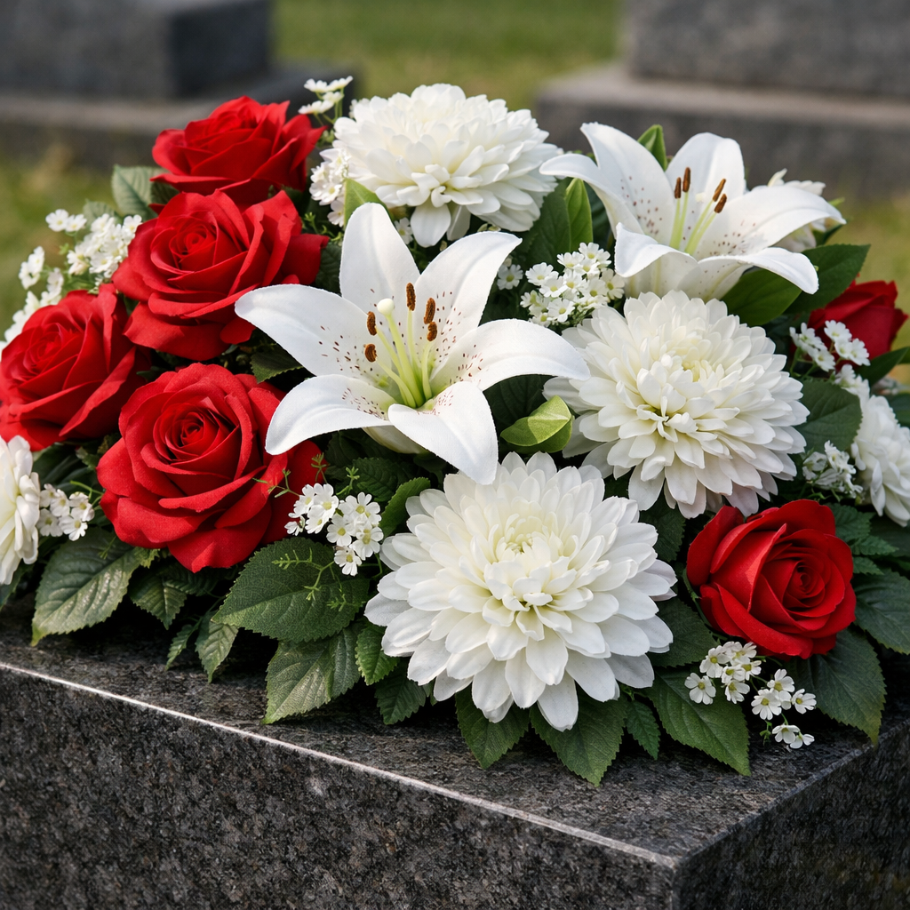 A realistic close‑up of a variety of silk funeral flowers , roses, lilies, and chrysanthemums , arranged on a gravestone, soft natural lighting, high detail