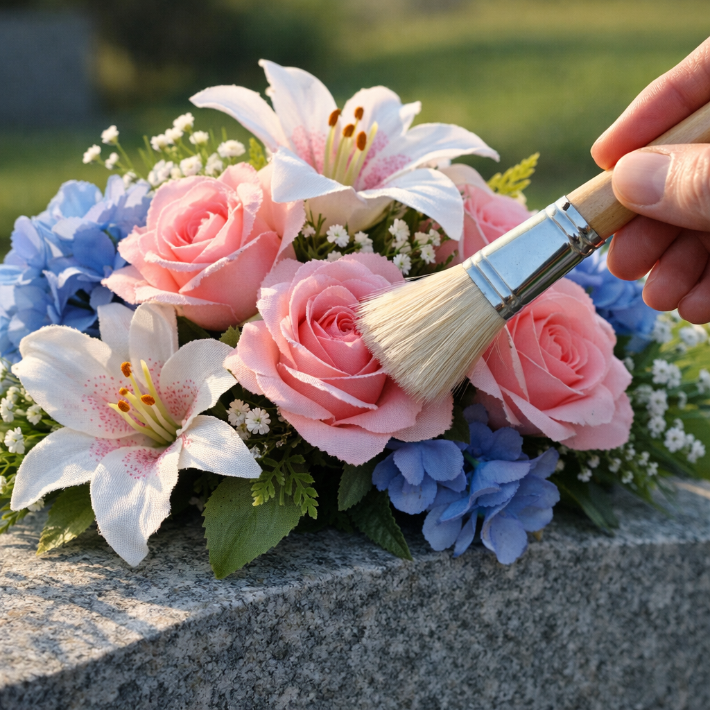 A realistic close‑up of a silk flower arrangement on a gravestone being gently brushed with a soft paintbrush, sunlight highlighting texture