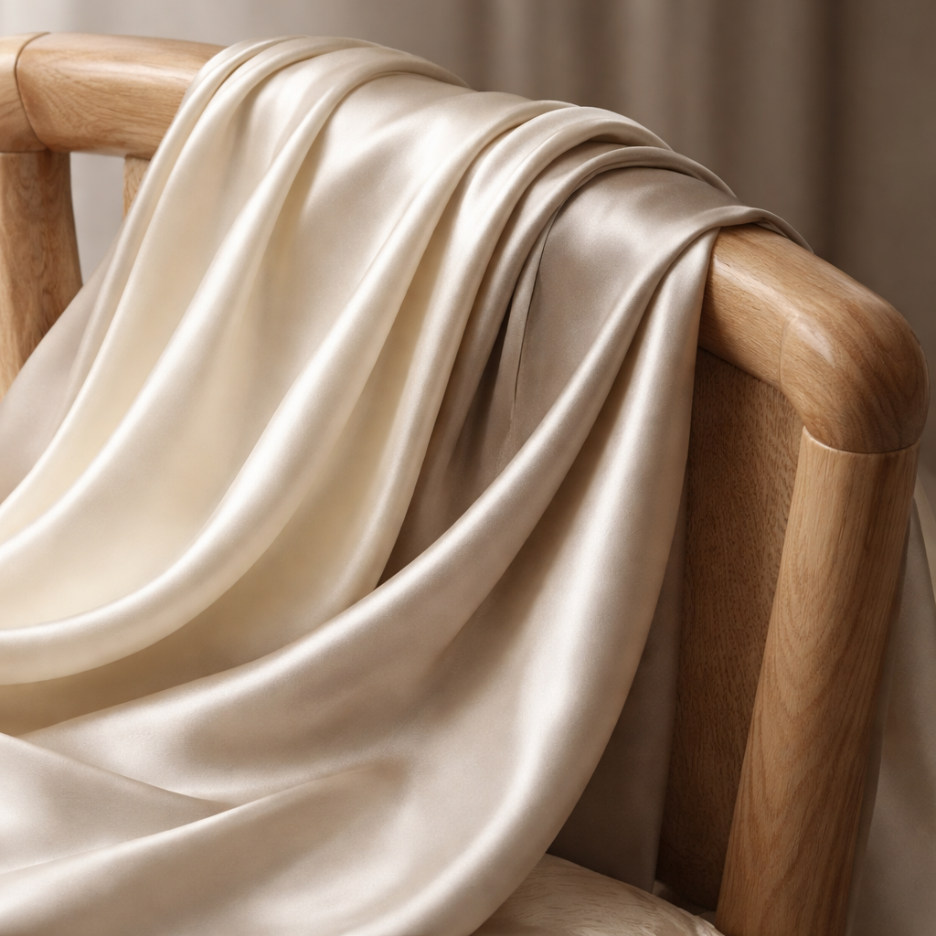 A photorealistic close‑up of smooth silk fabric draped over a wooden chair, showing the natural sheen and fine weave. Alt: silk fabric texture for luxury sleepwear