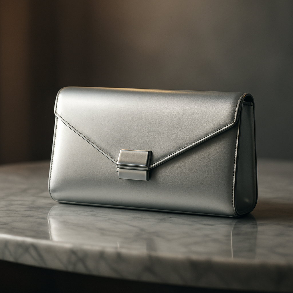 A sleek silver designer clutch bag perched on a marble countertop, reflecting soft ambient light. Alt: silver designer clutch bag luxury accessory