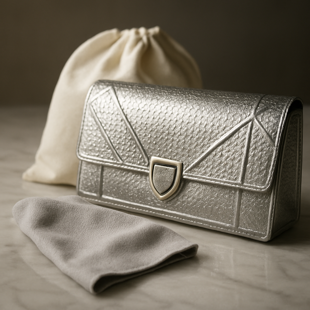 A close‑up of a silver designer clutch bag on a marble surface, showing a soft microfiber cloth beside it and a breathable cotton dust bag in the background. Alt: silver designer clutch bag care accessories and storage.