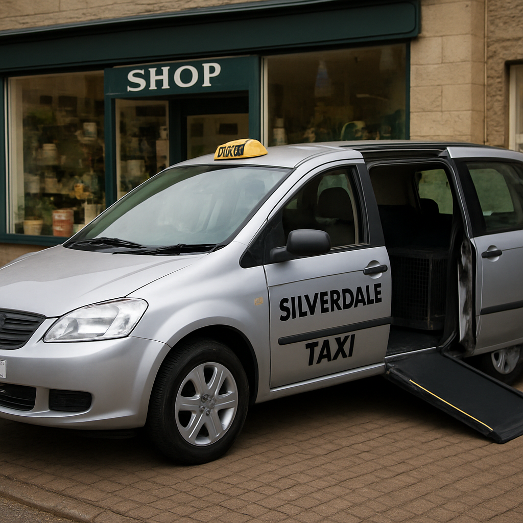 A friendly Silverdale taxi with wheelchair ramp and pet crate, parked outside a local shop. Alt: Silverdale taxi safety and accessibility features.