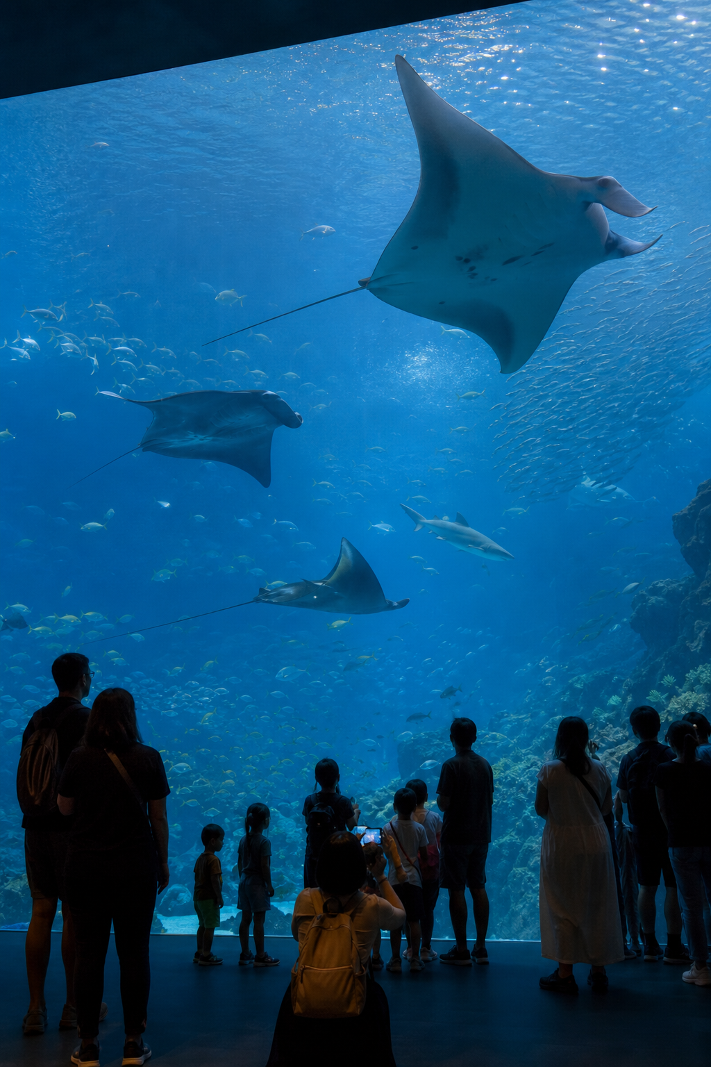 A photorealistic view of the Open Ocean habitat's massive viewing panel with manta rays and schools of fish swimming behind the glass, visitors silhouetted in awe. Alt: Singapore aquarium's Open Ocean habitat showing manta rays and sharks.