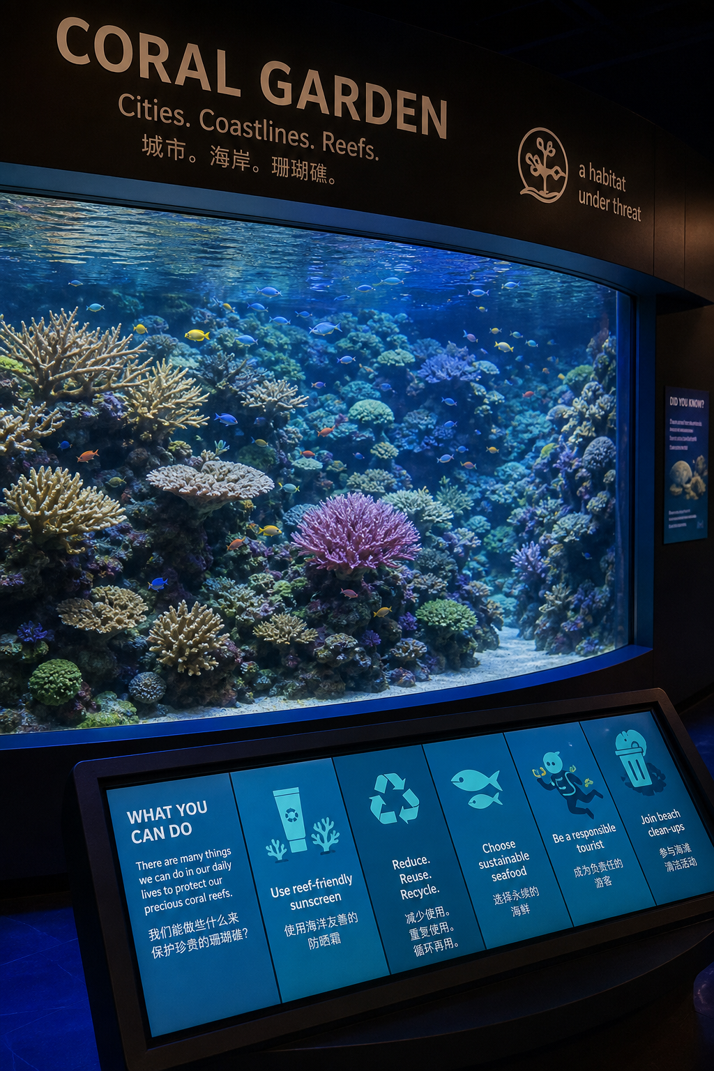 A photorealistic view of the coral garden exhibit with colorful corals and fish, and an educational screen showing conservation tips. Alt: Singapore aquarium's coral garden with interactive conservation displays.