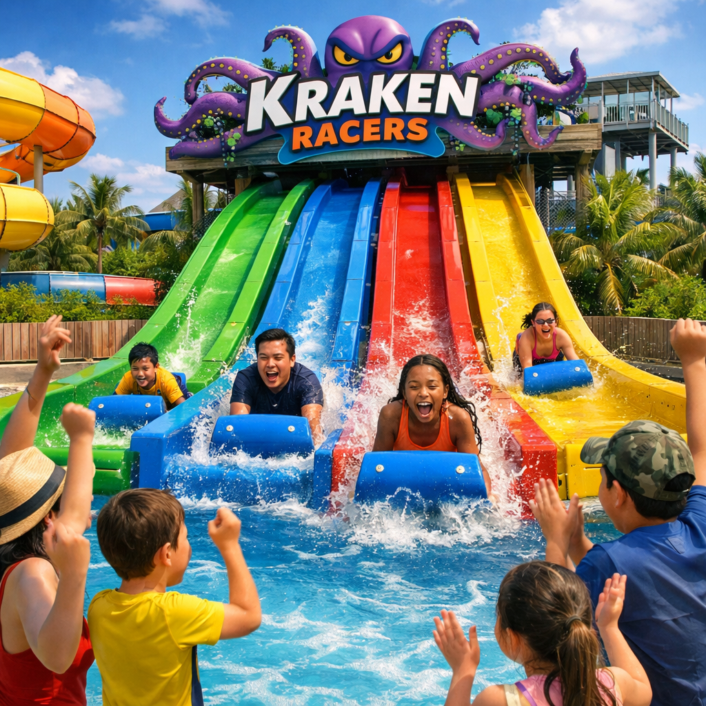 A realistic view of Wild Wild Wet’s Kraken Racers slide with families cheering, bright tropical colors, sunny sky, high detail