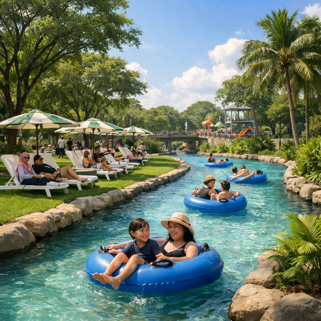 Realistic scene of Pasir Ris Waterpark’s lazy river surrounded by green parkland, families lounging on deck chairs, bright sunshine