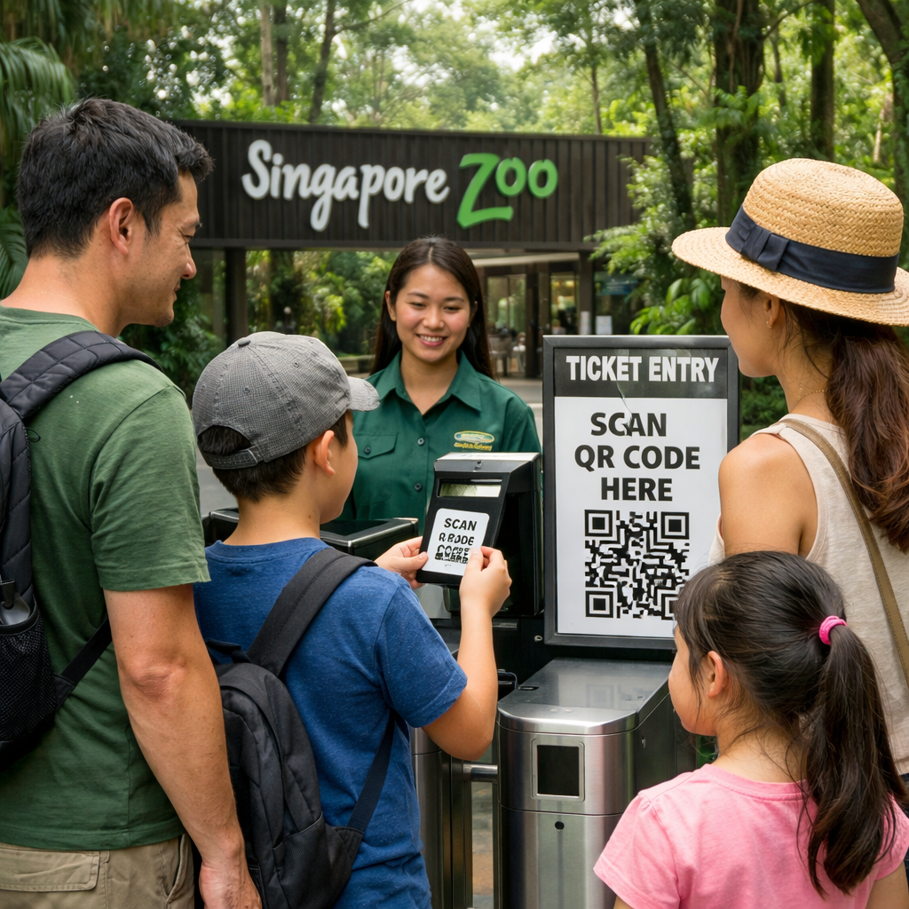 A photorealistic scene of a family scanning a QR code at the Singapore Zoo entrance, with lush rainforest backdrop. Alt: family using Singapore zoo tickets QR code entry