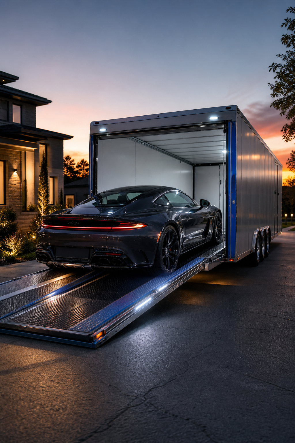 A photorealistic shot of a modern enclosed auto transport trailer being loaded with a luxury sports car at dusk in a suburban driveway, warm ambient lighting, blue accent color on the trailer door. Alt: single car enclosed transport service loading a luxury vehicle into an enclosed trailer.