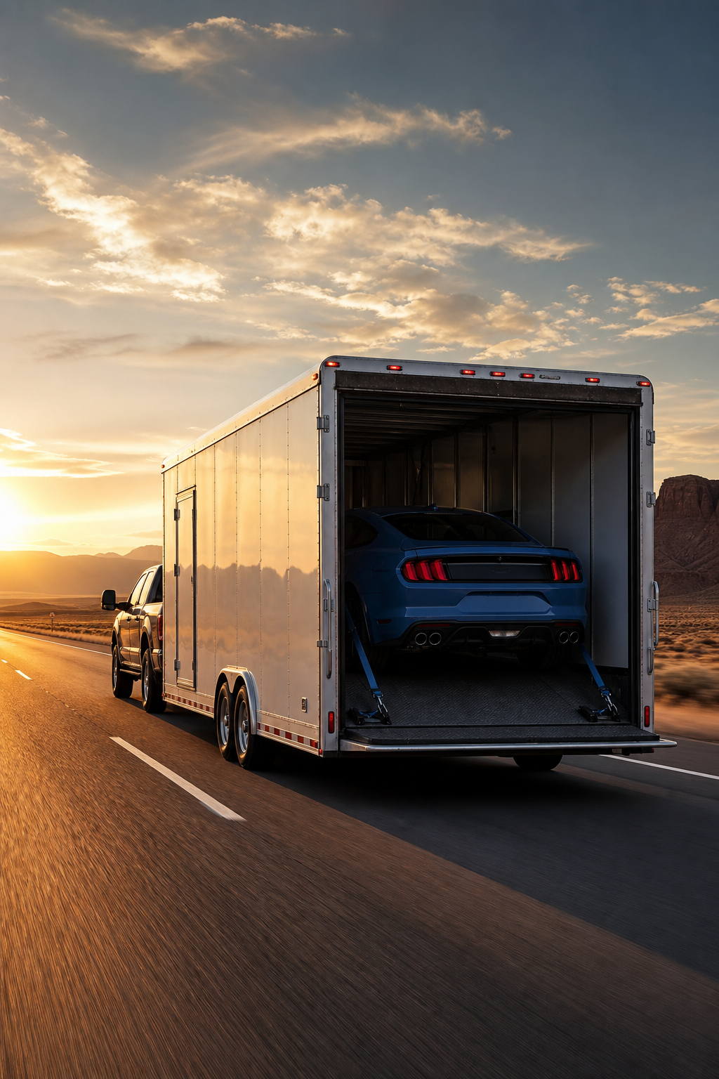 A wide photorealistic shot of an enclosed auto transport trailer on an open American highway during golden hour, conveying long-distance vehicle shipping across the country. Alt: enclosed car transport trailer on a US highway representing nationwide single car shipping.