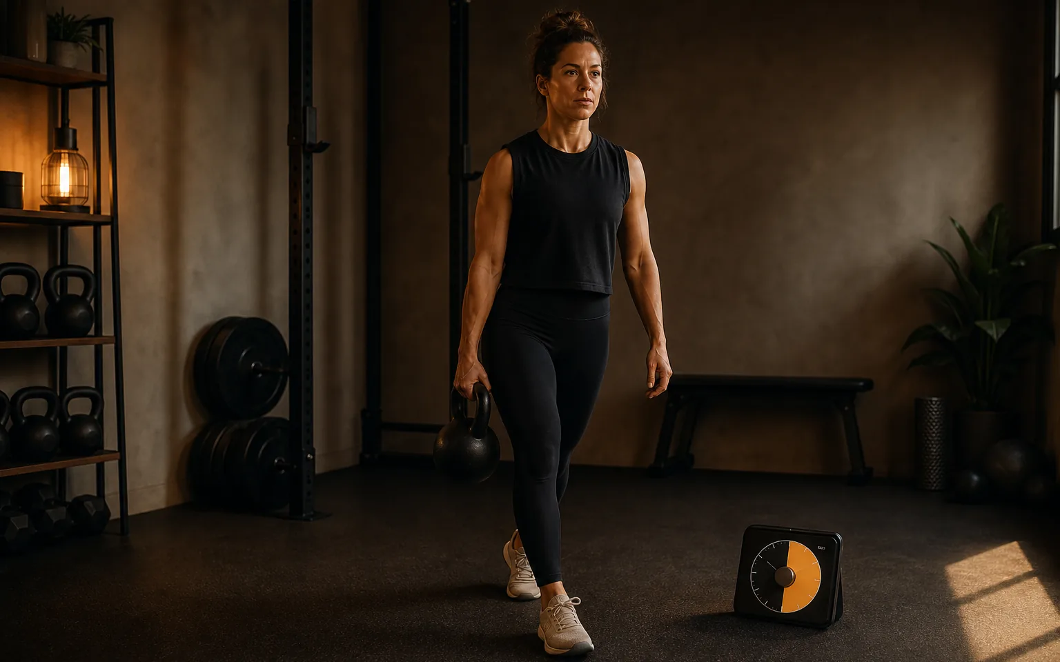 A woman carries one kettlebell at her side during a home workout.