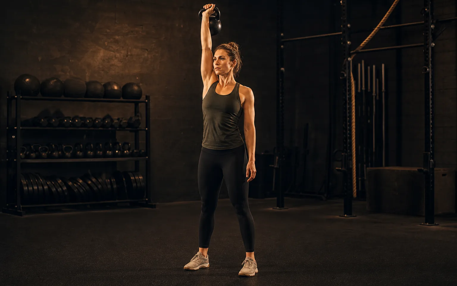 A woman presses a kettlebell overhead with one arm.
