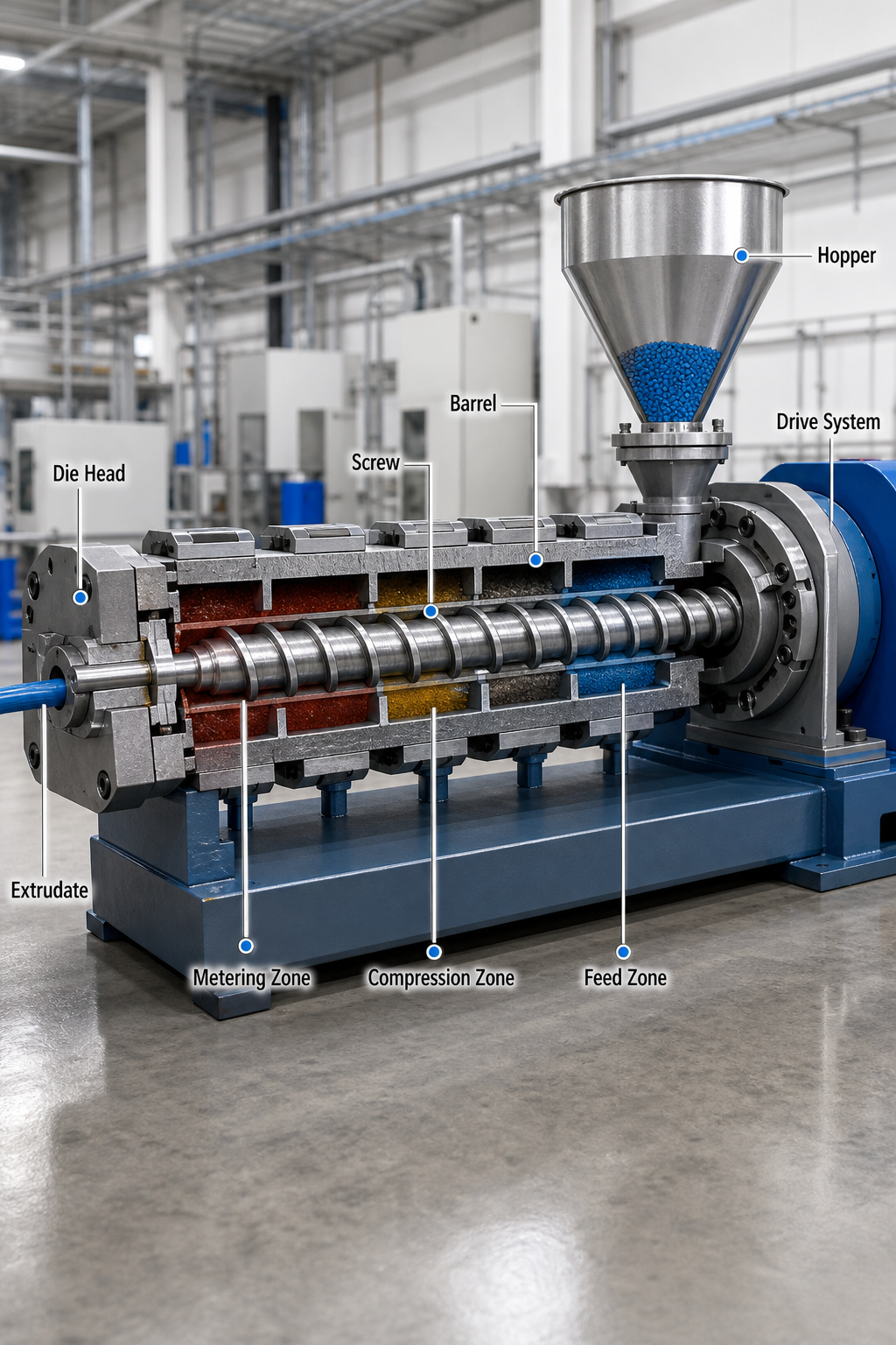 A realistic cross‑section illustration of a single‑screw extruder showing barrel, screw zones, hopper and die head, with labels for each component. Alt: single screw extruder anatomy diagram
