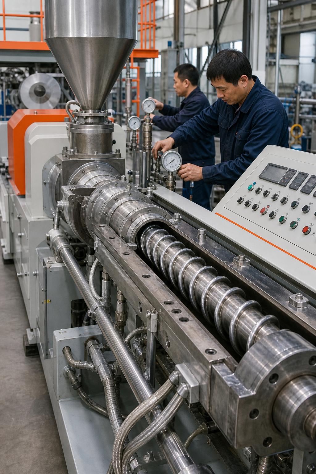 A realistic photo of a single‑screw extrusion line in a factory, showing the screw, barrel and control panel, with workers checking gauges. Alt: single screw extruder industrial equipment