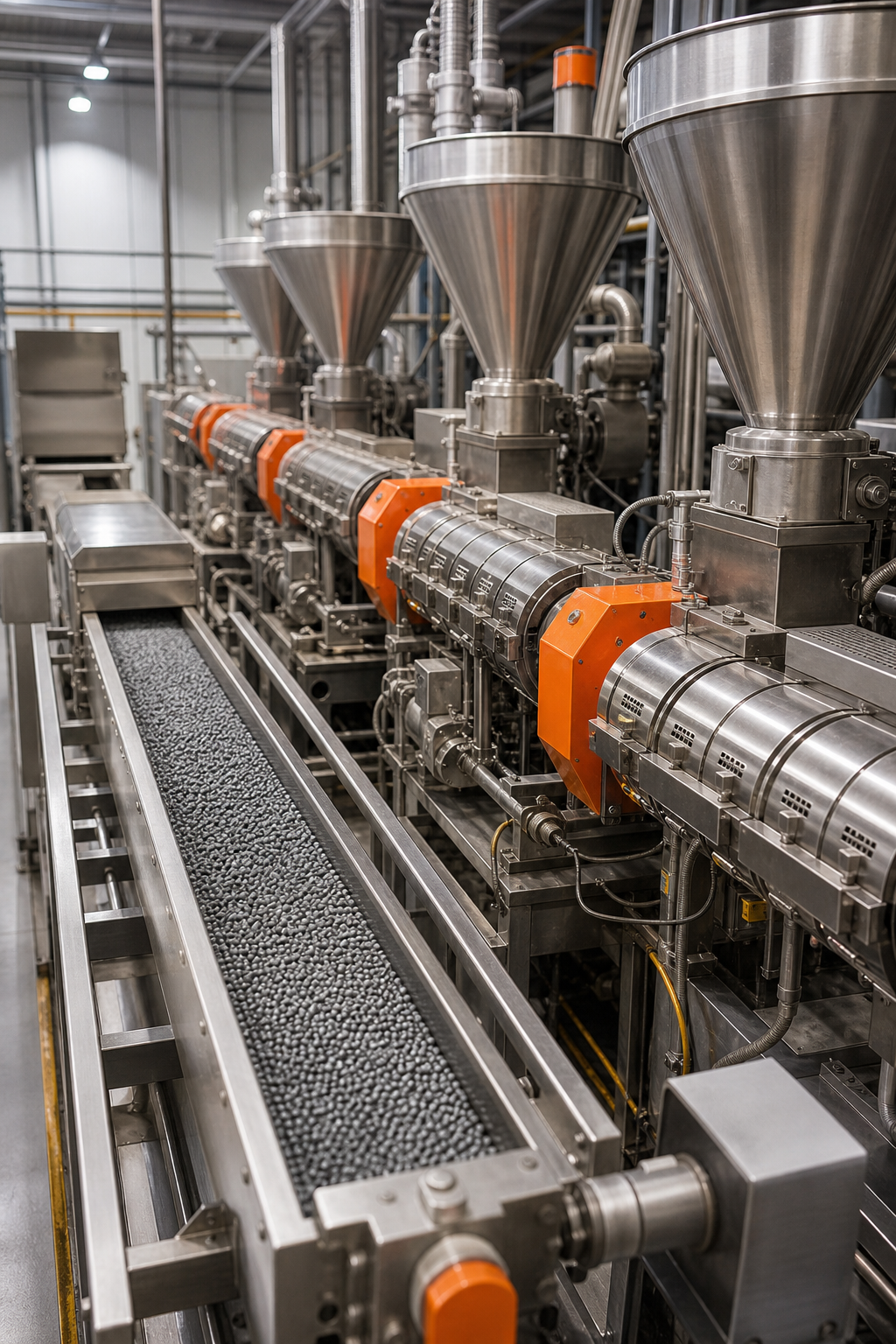 A realistic industrial scene showing a multi‑screw extrusion line with three screws, large hoppers, and a conveyor carrying extruded pellets. Alt: multi screw extruder high‑throughput plant