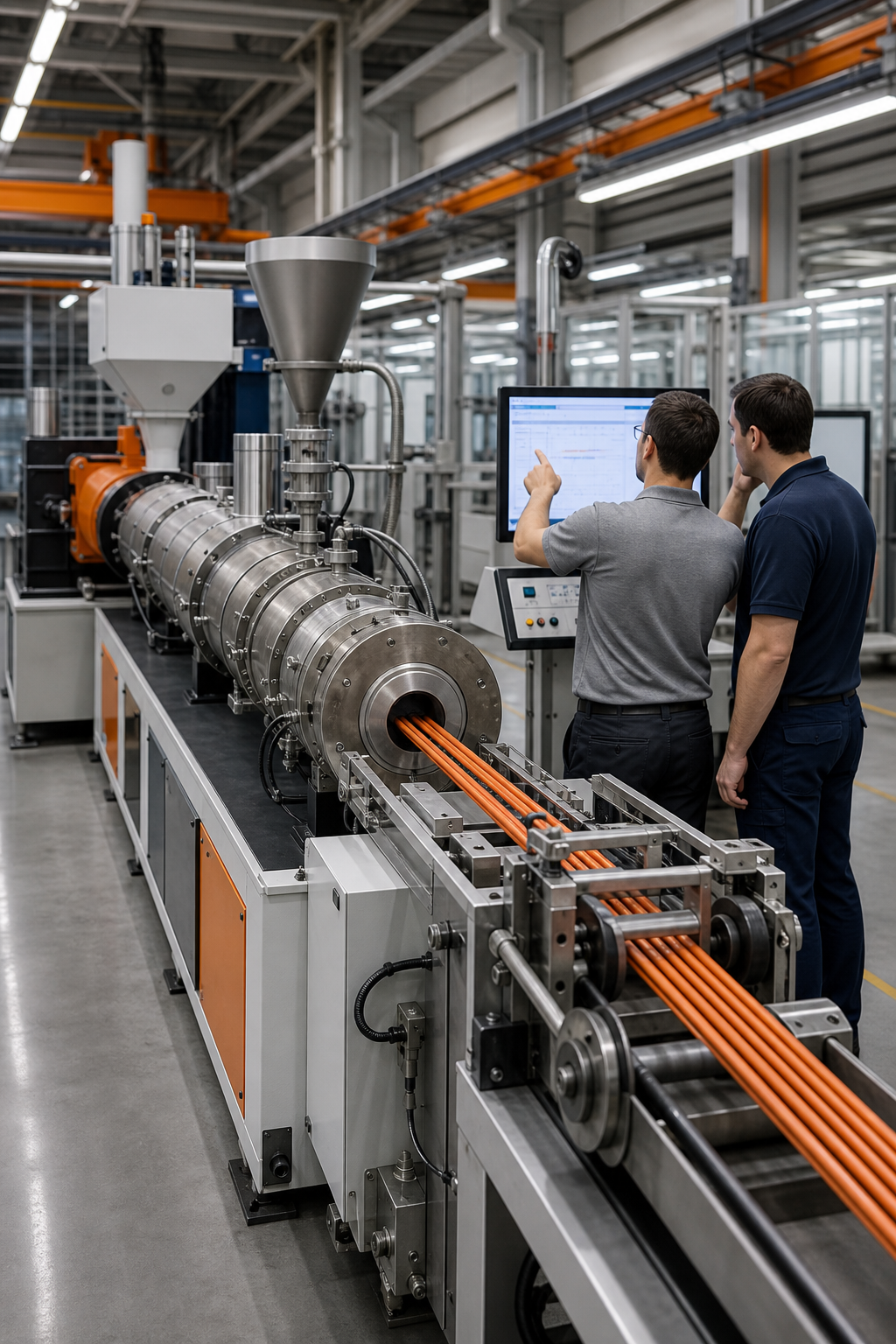 A photorealistic view of a modern cable extrusion line in a factory, showing a crosshead, screw barrel, and haul‑off system, with engineers reviewing data on a screen.