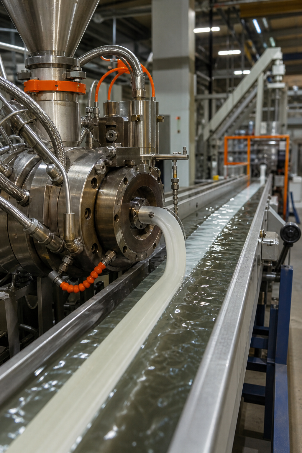 A realistic industrial scene showing a high‑speed extrusion line with a liquid silane injection system, molten polymer flowing through a die, and a cooling bath downstream.