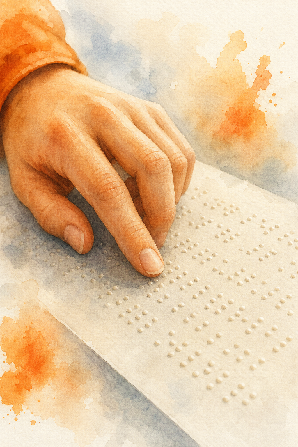 Ilustración en acuarela de una mano tocando una placa con puntos Braille en relieve, con colores suaves y fondo claro, que muestre la textura de los puntos. Alt: Mano leyendo Braille con puntos en relieve.